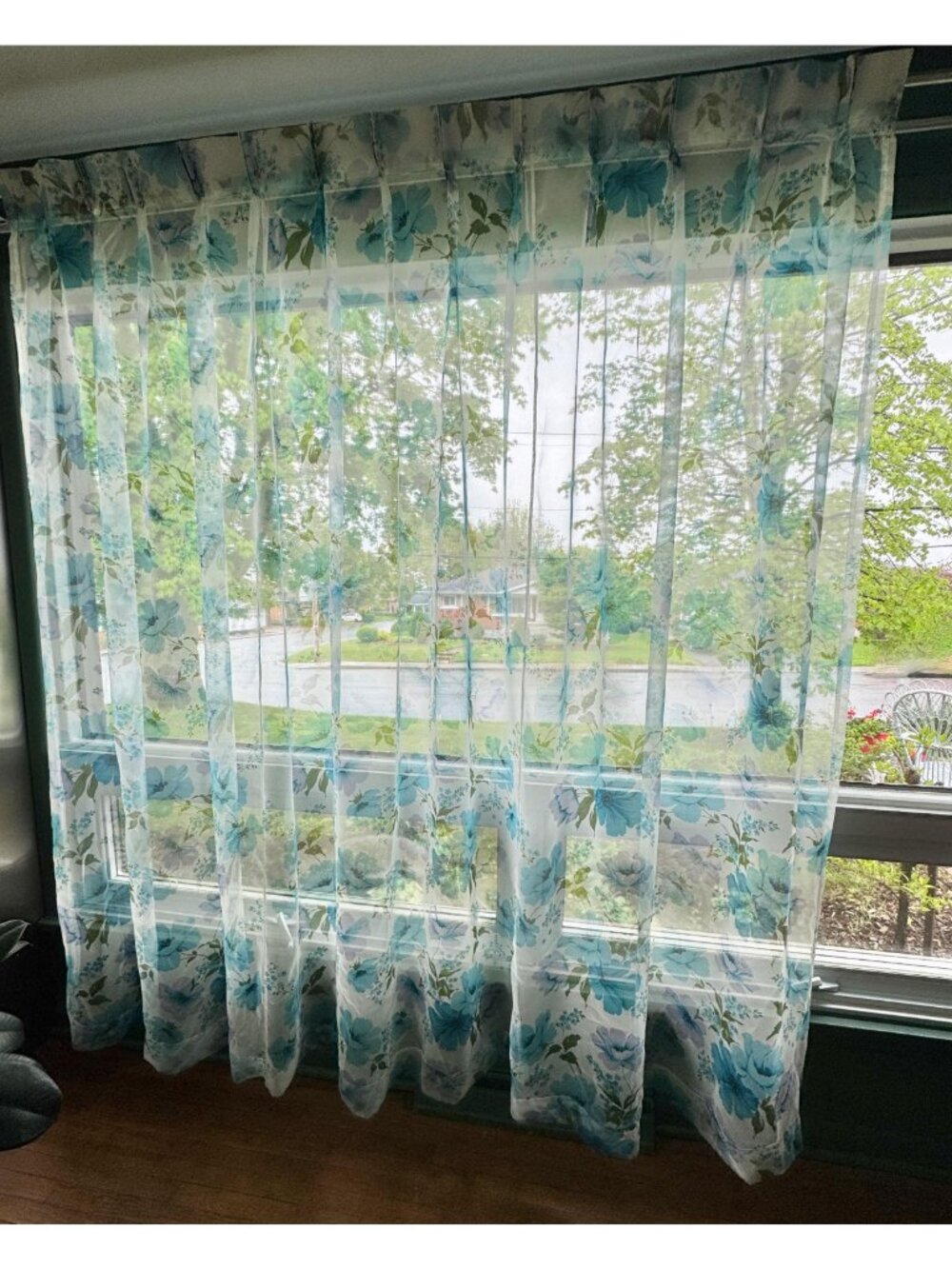 Vintage 1960s pleated curtain, blue and purple floral, oversized single panel